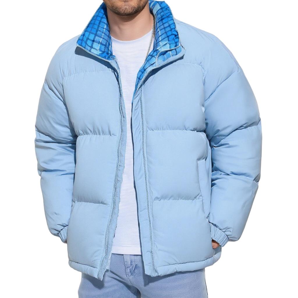 Herr- och damjacka i avslappnad färgmatchad rutig inner- och ytterdesign med ståkrage, herrarnas lösa och tjocka bomullsvadderade jacka