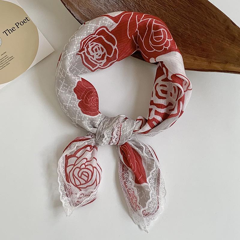 Silk scarf neck small square scarf new multi-color versatile headscarf summer women's pastoral lace headband hair accessories decorative small scarf
