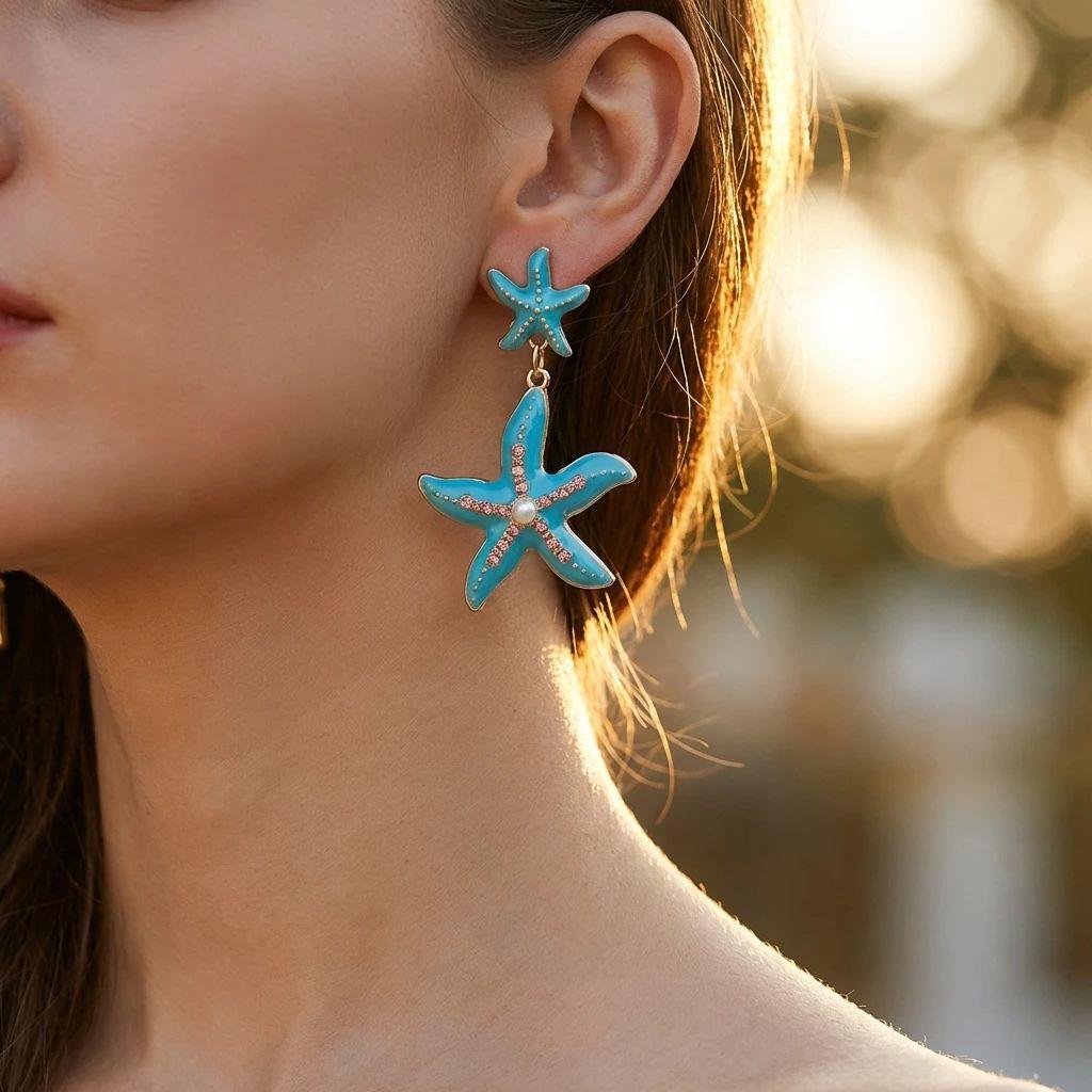 Ocean Series Enamel Starfish Earring for Women Exaggerated Colorful Rhinestone Starfish Earring Summer Holiday Charm Jewelry
