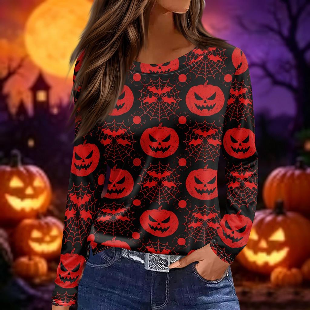 Women's Halloween Print Long Sleeve Round Neck Top with Hem Slits for Casual Fall Outings