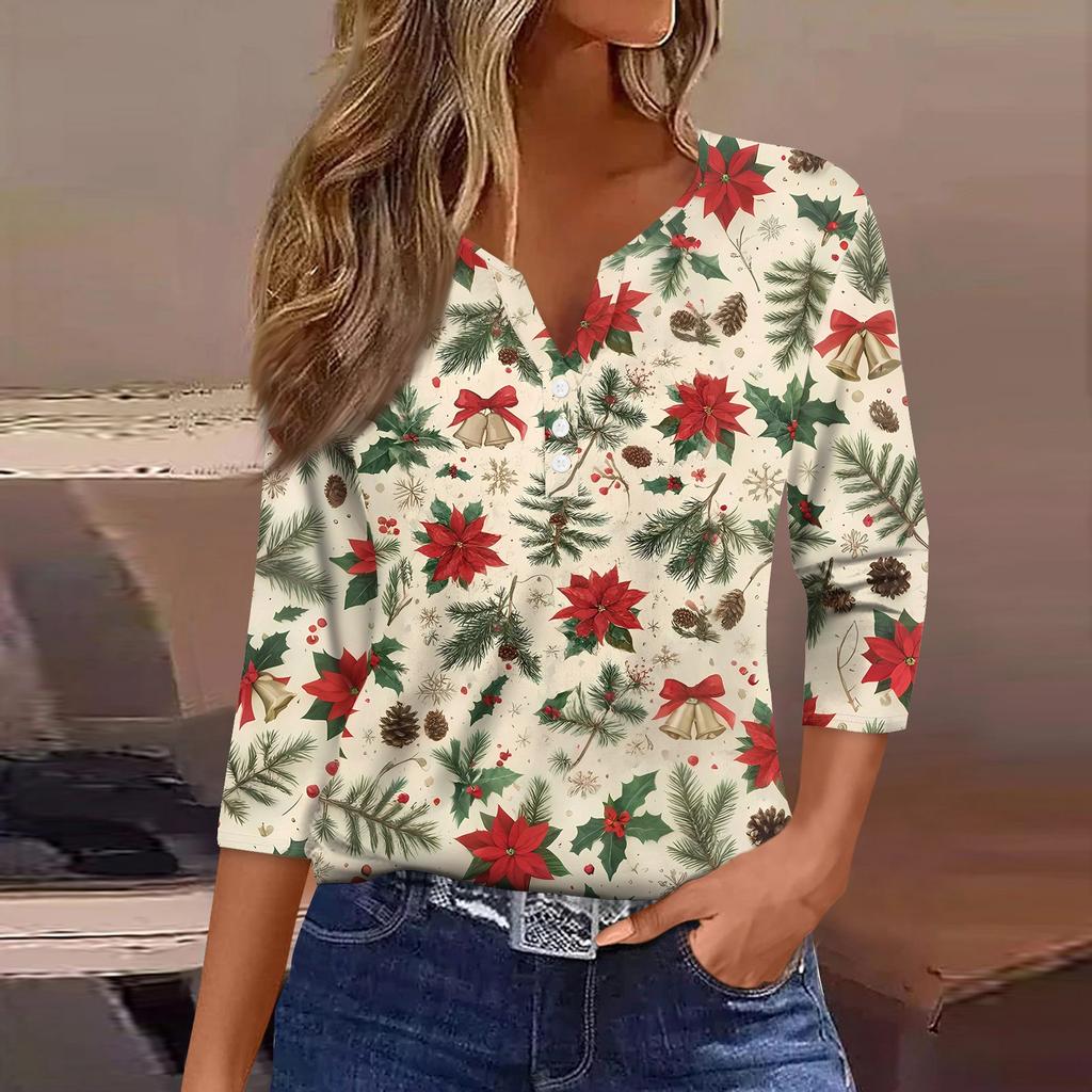 Women's T Shirt Christmas Print Button 3/4 Sleeve Daily Weekend Fashion Basic V- Neck Regular Top