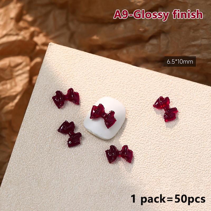 50Pcs French Style Bows Nail Accessories Mixed Size 3D Wine Red Bowknot Nail Charms Kawaii Winter Nail Art Decoration Cute Parts
