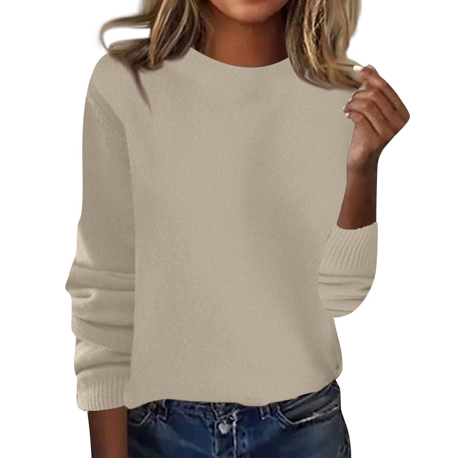 

Women s Fashion Loose Round Neck Long Sleeve Bottom Shirt Top Knitted Sweater S бежевый