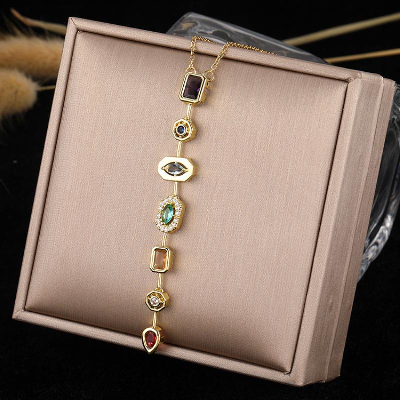 Retro Style Colorful Zircon Tassel Irregular Splicing Long Necklace Light Luxury Pendant Collarbone Chain For Women Jewelry