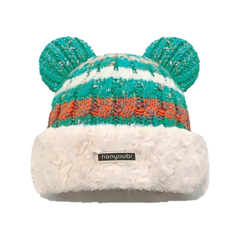 Knitted Beanie with Plush Bear Ear for Students Adult Windproof Winter Hat Striped Bear Ear Shape Keep Warm Cycling Hat