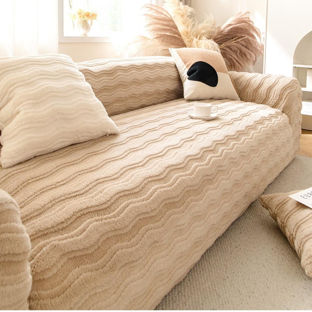 New Sofa Cover with Cream Style Solid Color Plush Sofa Cover Fully Covered with Universal Dust Proof Protective Fabric
