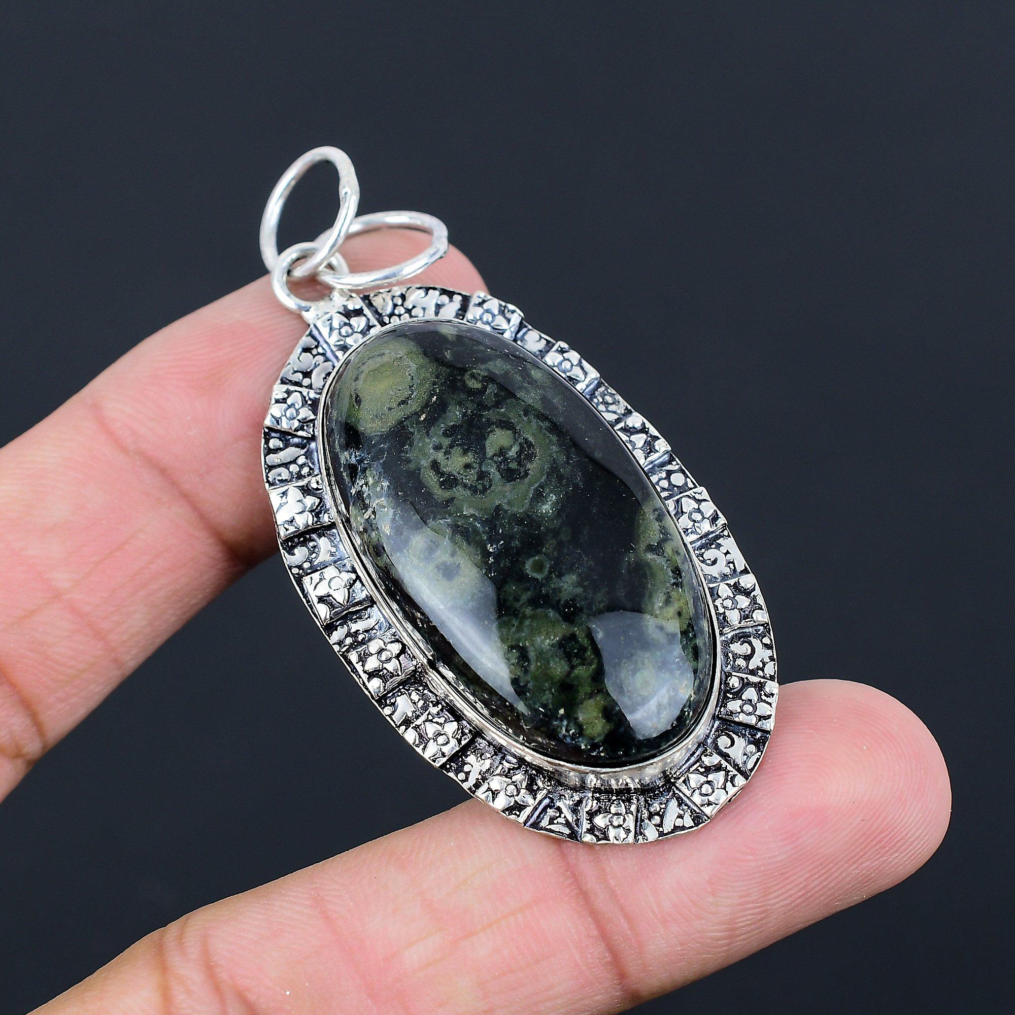 Oval Kambaba Jasper Stone Handcrafted Bezel Sister Wedding Pendant 925 Silver