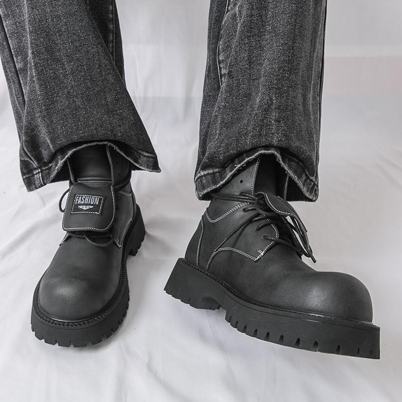 Męskie buty retro na grubej platformie, buty motocyklowe z dużą główką, wysokie buty, plus size