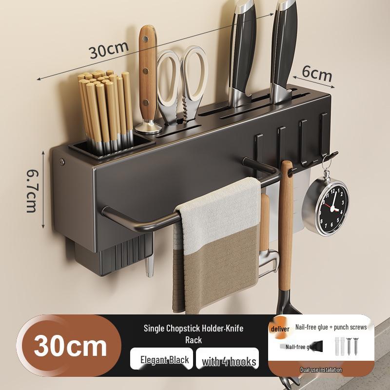 

Настенная многофункциональная кухонная стойка: Подставка для ножей и палочек 50CM Double Chopstick Holder + Cloth Rod + 8 Hooks