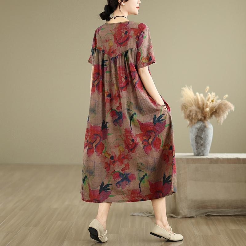 DIMANAF 2025 Women Plus Size Spring Summer Dress Casual Floral Dress Basic Vintage Loose Long Dress Maxi 9322