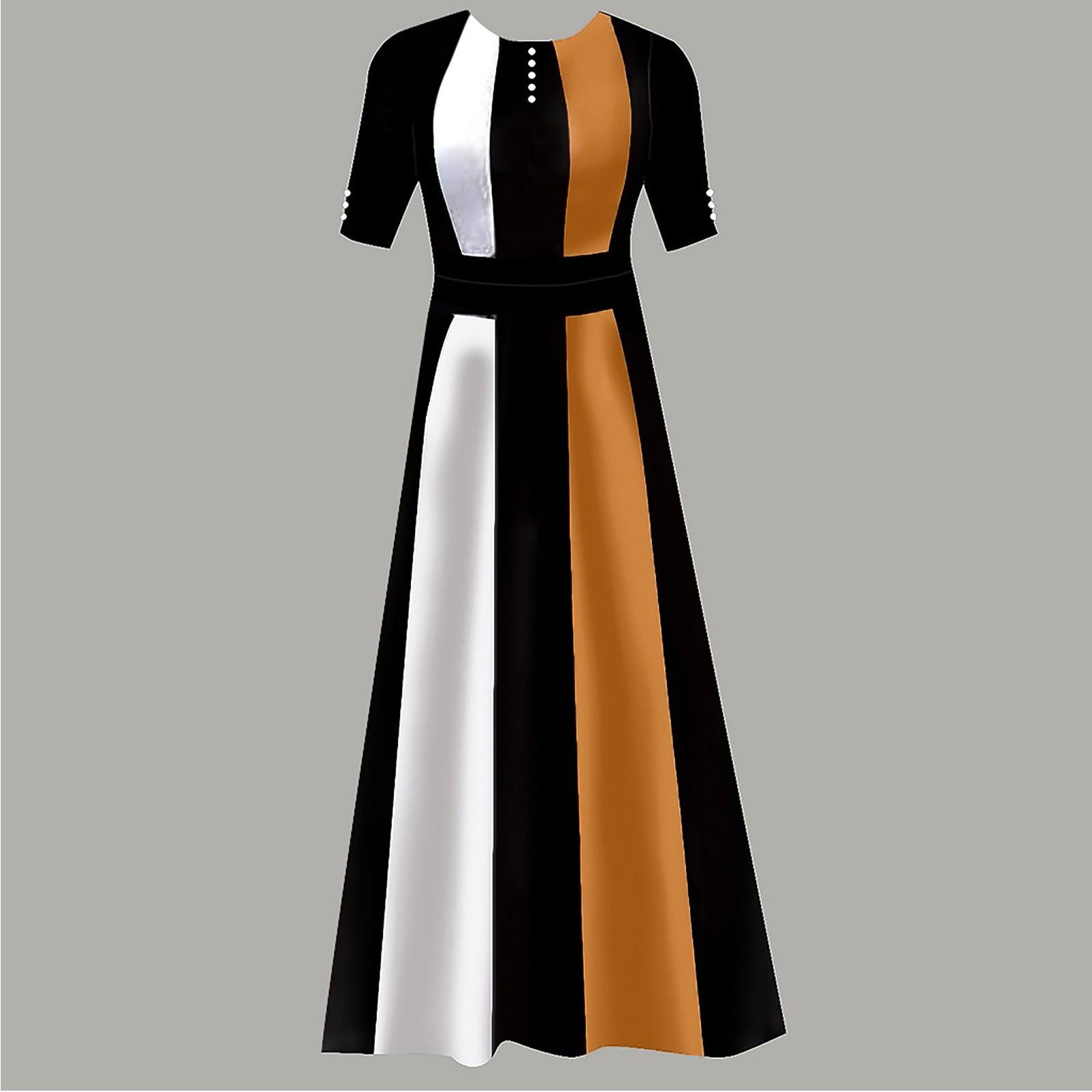 

Fashion Women Short Sleeve Slim Long Round Neck Contrast Stitching Dress XL оранжевый
