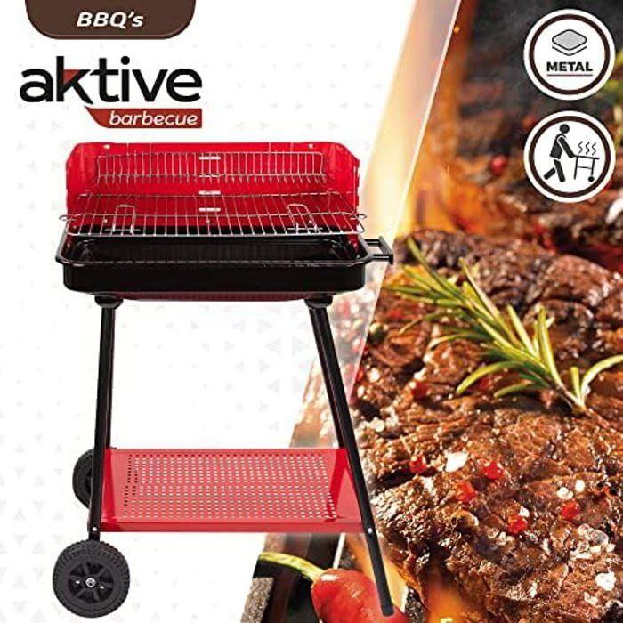 Barbecue portable au charbon de bois - AKTIVE - 4 niveaux - Grilles en acier - Hauteur réglable - Rouge et noir