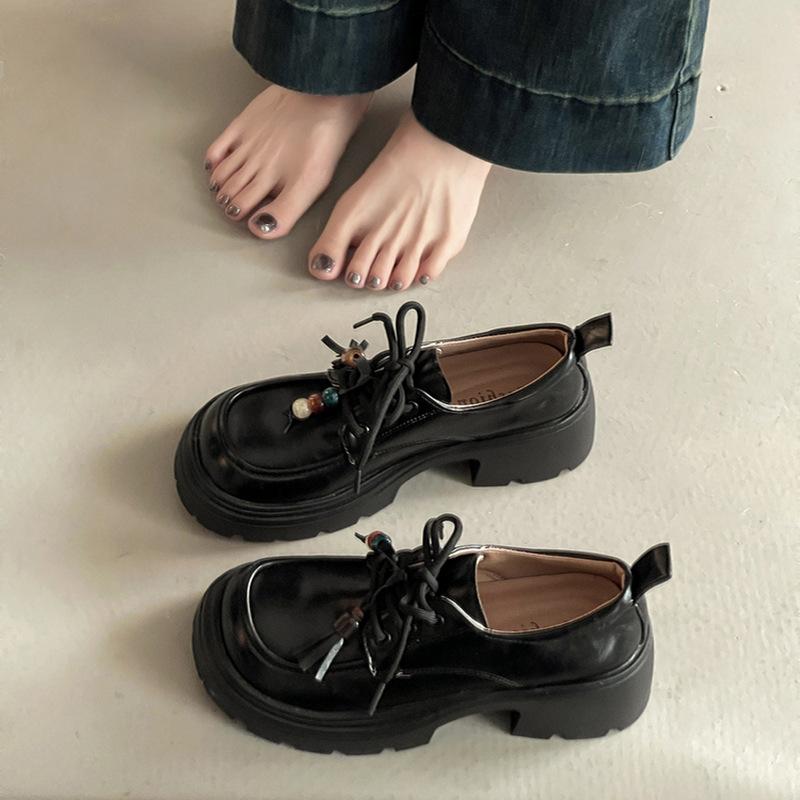 Fashion Mary Jane shoes platform heightening small leather shoes autumn and winter lace-up bag head single shoes comfortable and not tired feet lo