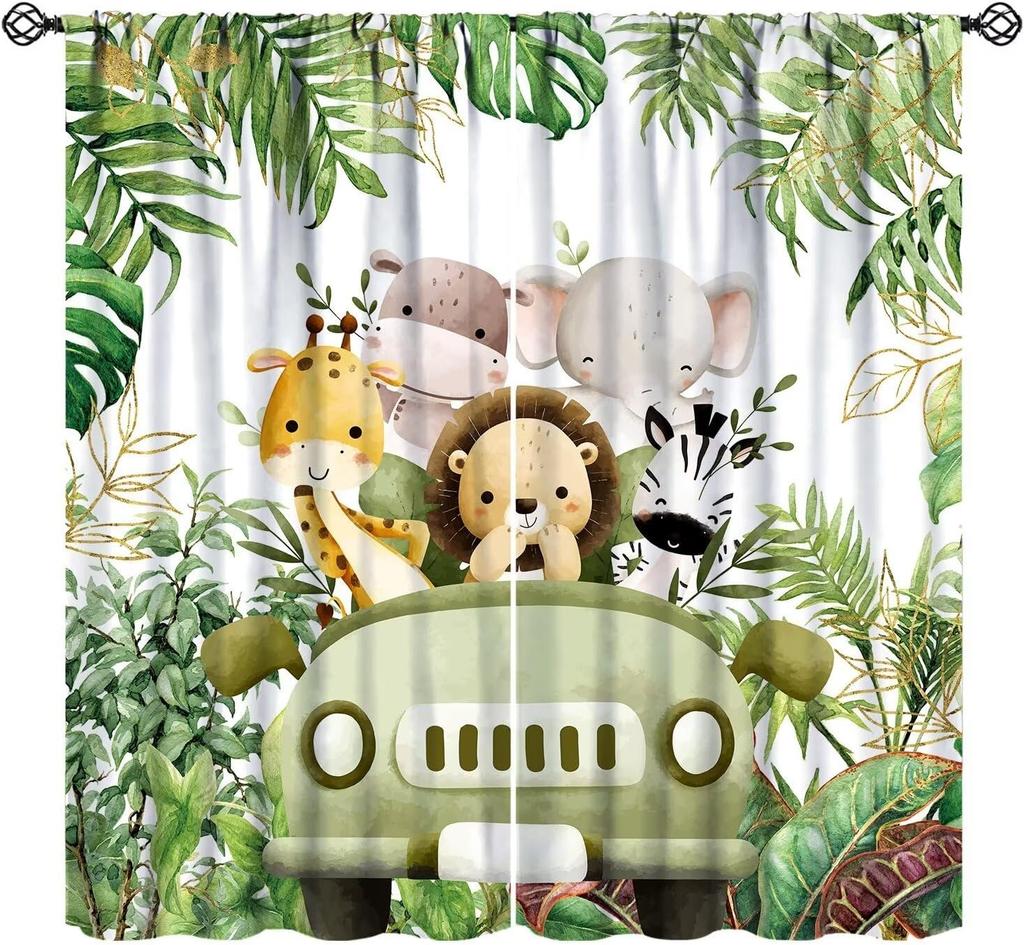 Cartoon Blue Bear Curta For Boys,Watercolor Little Cute Animal Aircrafts Hot Air Balloons Rainbow Window Drapes For Baby Boys