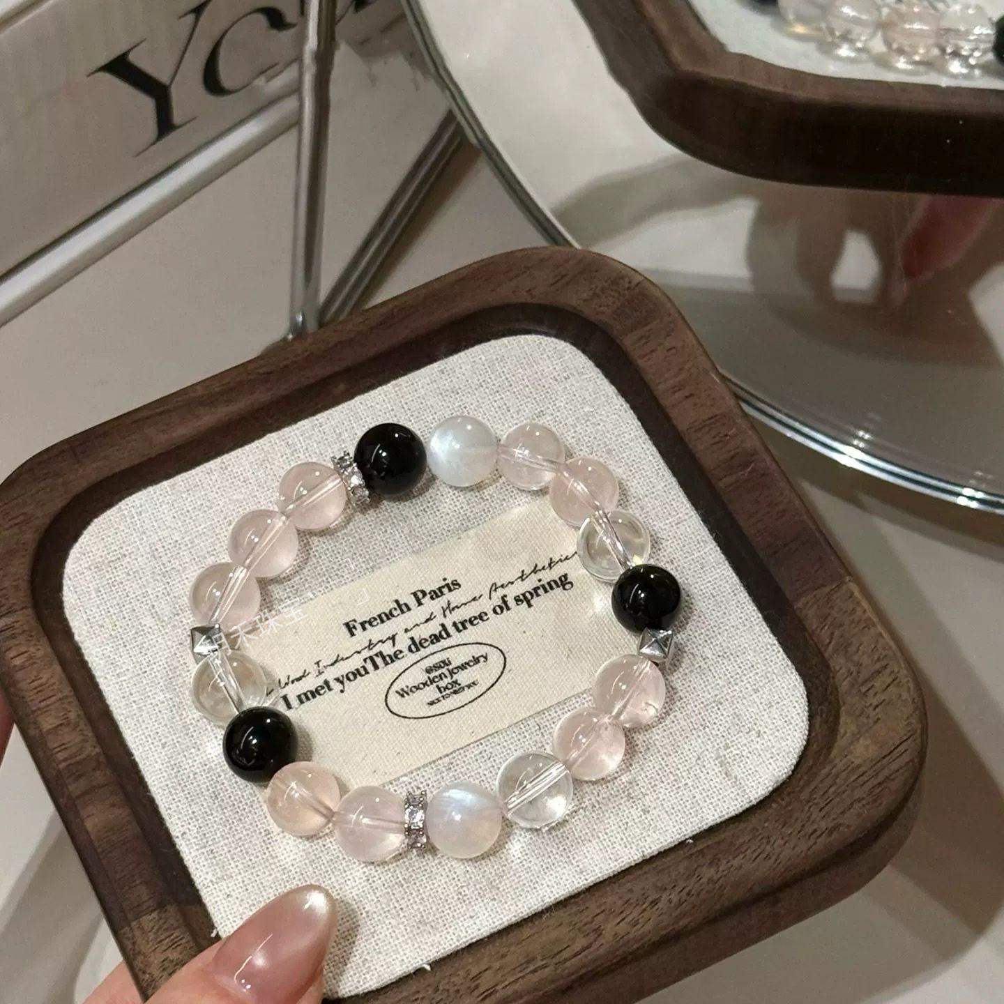 Высококачественный женский браслет из натурального розового кварца, черного обсидиана и белого лунного камня на любовь и удачу