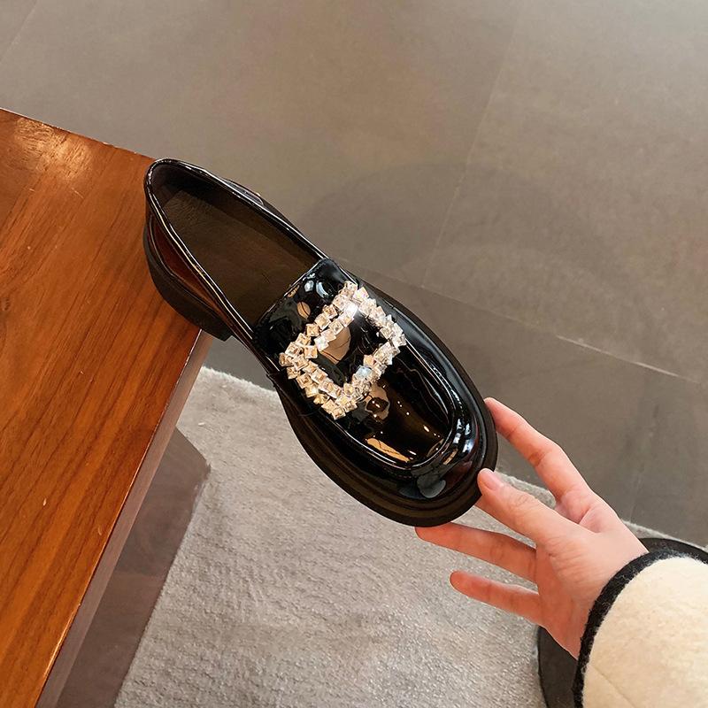 Sheepskin rhinestone square buckle loafers women's platform leather British small leather shoes lazy one pedal thick heel commuter shoes