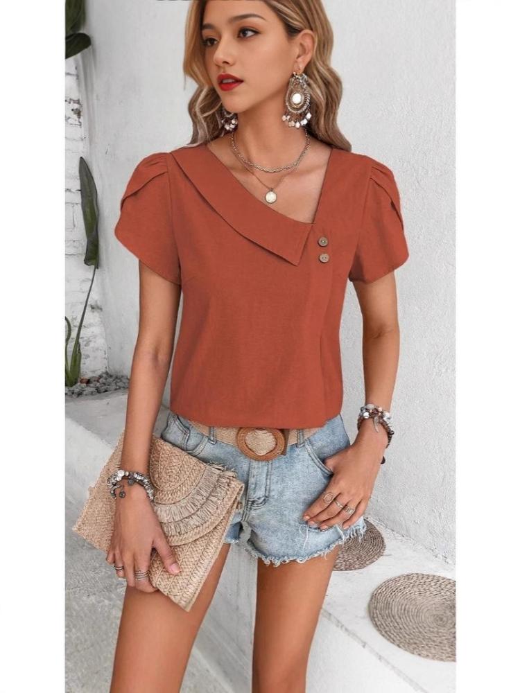2025 Spring/Summer Women's Amazon Casual Slim-fitting Leisure Knitted Short-sleeved V-neck Top