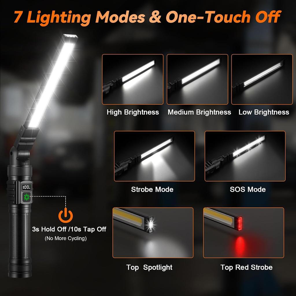 2Pack Magnetic Rechargeable LED Work Light/Flashlight for Mechanics | All Aluminum, 1500 High Lumens, Digital Display, 7 Modes, 360° Rotation, for