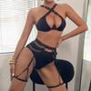 Sexy 3-Piece Lingerie Set Erotic Costumes With Cross-Tie Push-Up Bra Metal Chain Waist Trainer Garter Stockings Porn Underwear