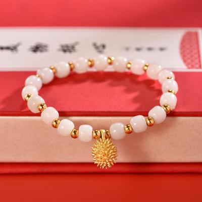 Korean Hetian White Jade Tube Bracelet with S925 Silver Gold-Plated Durian Charm
