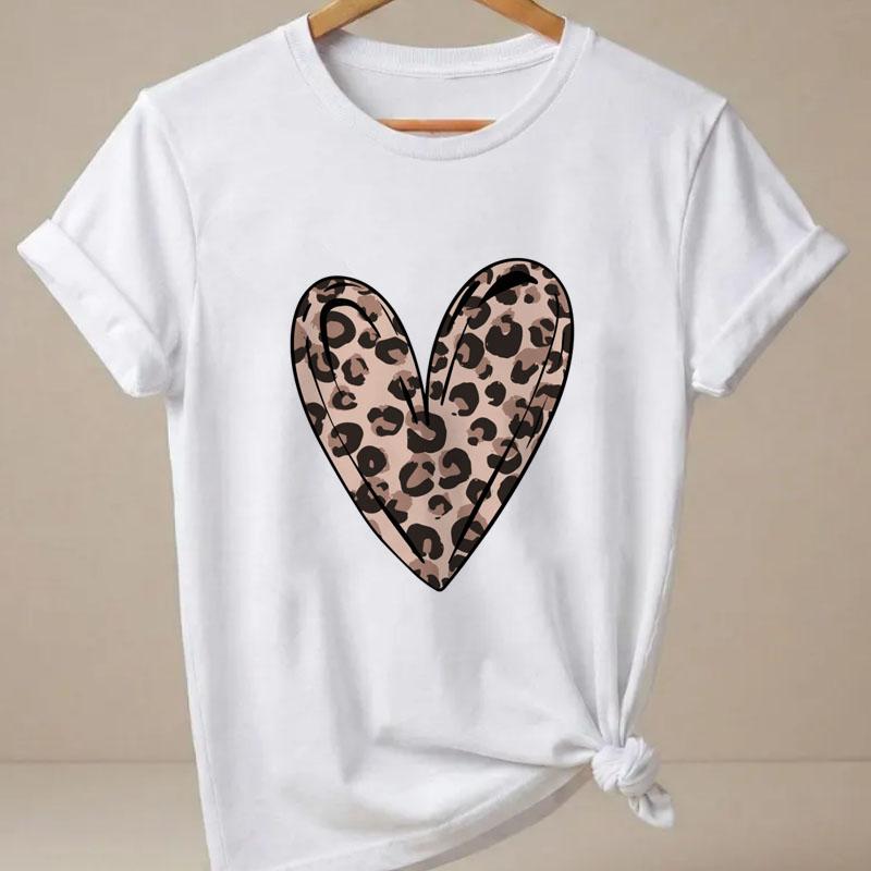 Valentines Day Leopard Heart Tshirt Unisex Casual Short Sleeve Round Neck T Shirt Fashion Printed Tshirt Unisex Clothing