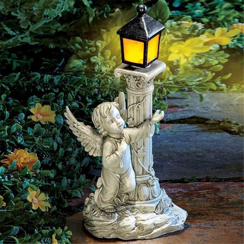 Roman Colum Child Sculpture Lamp Outdoor Garden Resin Statue for Yard Decors