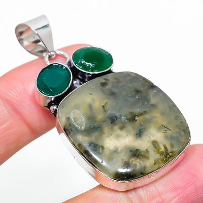 Prehnite Gemstone Handmade 925 Sterling Silver Gift Jewelry Pendant 2.17" w1Q86