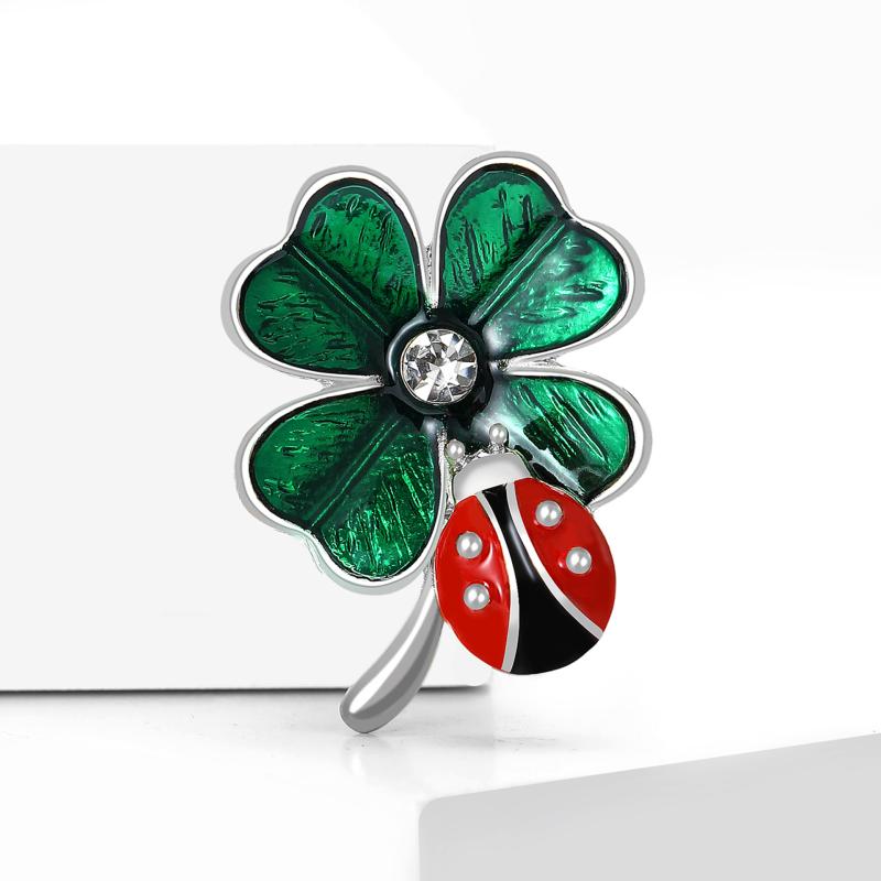 Fashion Enamel Ladybug Four Leaf Clover Brooches For Women Unisex 2-Color Enamel Grass And Beetle Brooch Pins Gifts