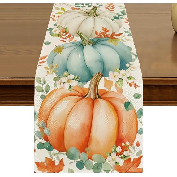Fall Pumpkin Table Runner 13x72 Inch Kitchen Dining Autumn Thanksgiving Eucalyptus Leaves Table Decor for Indoor Outdoor Farmhouse Home Party