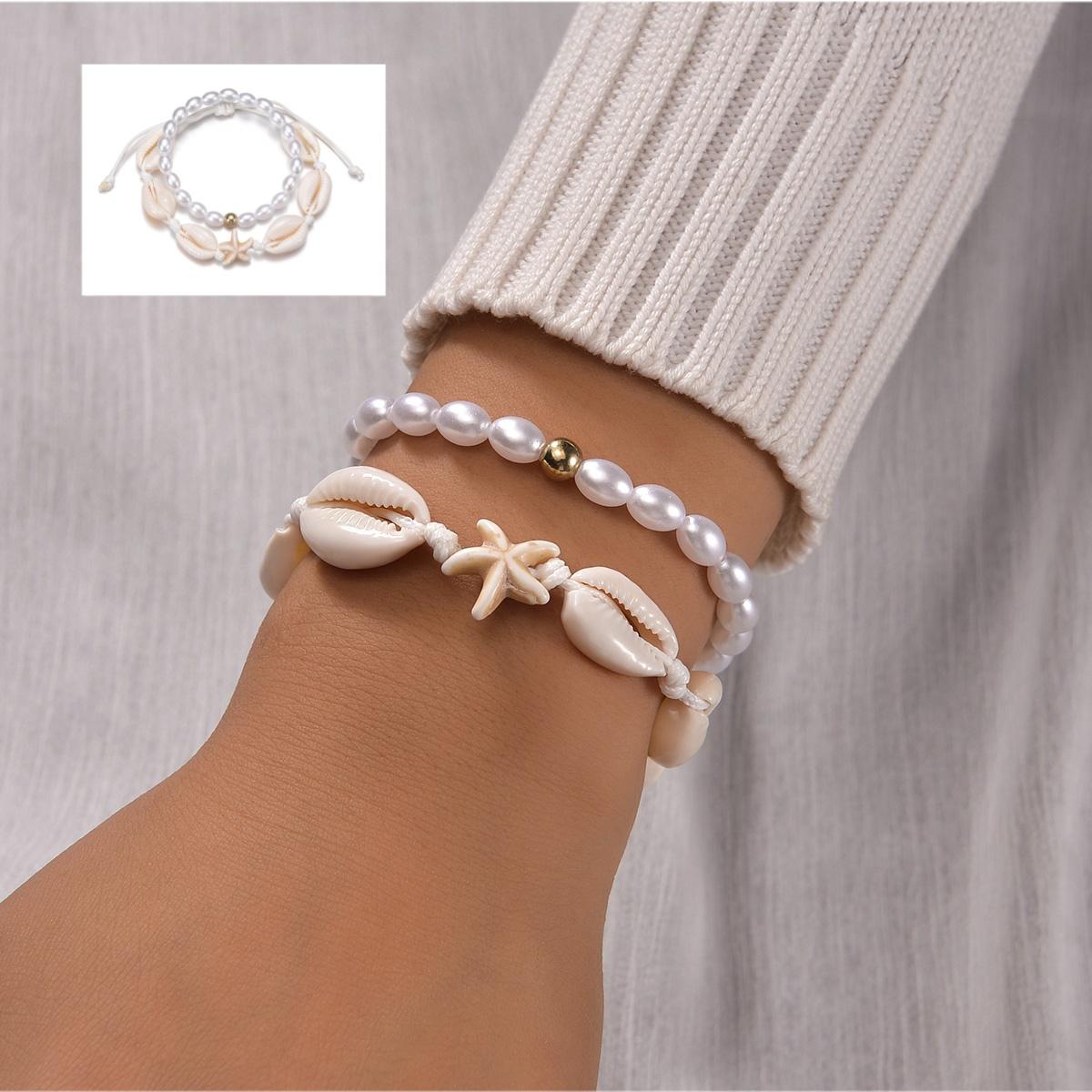 

2 PCS Beach Vacation Style Fashion Imitation Pearl Shell Beaded Elastic Rope Bracelet Couple Jewelry Gift