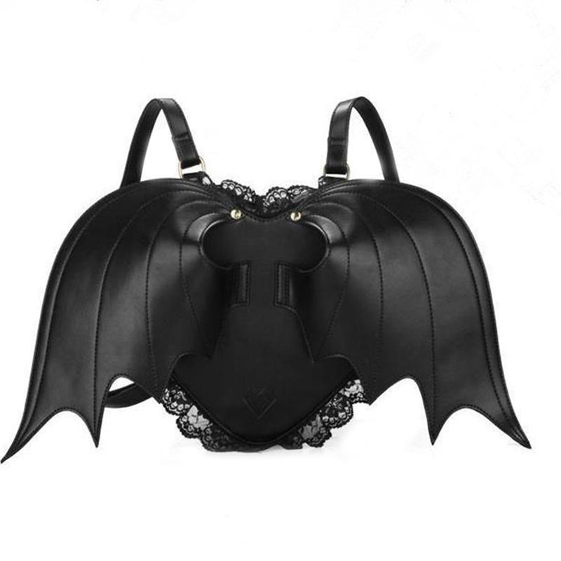 SHELKSBAG Punk Gothic Bat Wing Backpack Women Halloween Back Packs Y2k Streetwear Fashion Black Cute Everday Travel Bags