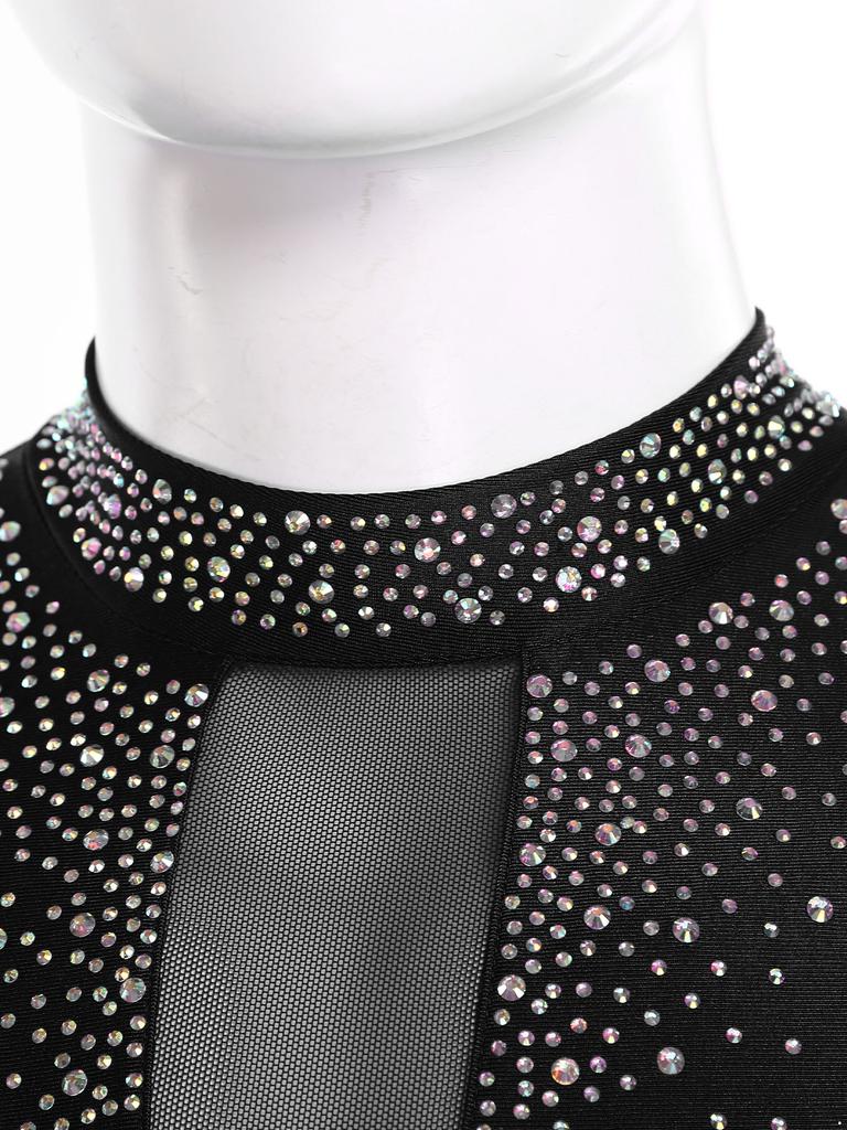 Mens Figure Skating Bodysuit Mock Neck Long Sleeve Sheer Mesh Patchwork Colorful Rhinestones Latin Dance Leotard