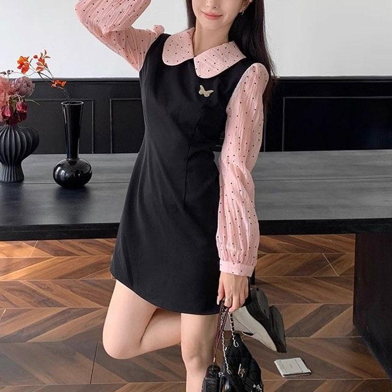 Sweet Polka Dot Mini Dress Spring Autumn Fake Two Pieces Spliced Preppy Style Doll Collar Fashion A-Line Waist