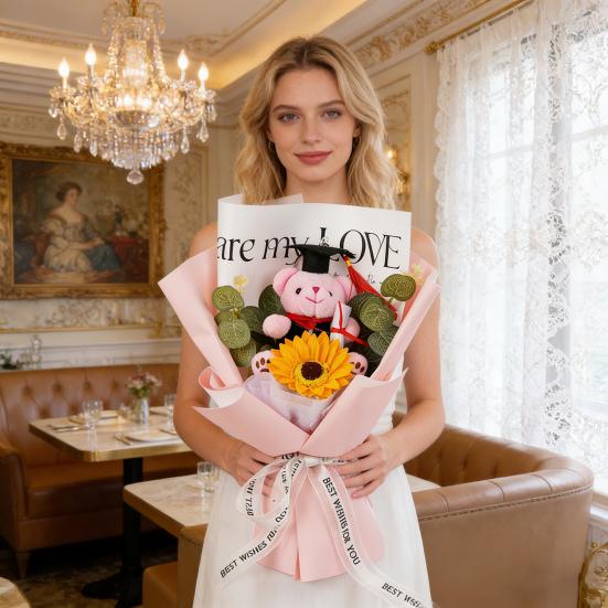 Studentgosedjurshjärte Virkad Solrosbukett Handstickad Garn Konstgjord Blomma med Studentgosedjur Dekoration Studentfest Presenter