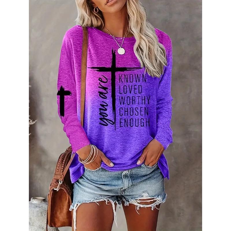 Cross Letter Printed Long Sleeved T-shirts for Women's Casual Multi-color Top