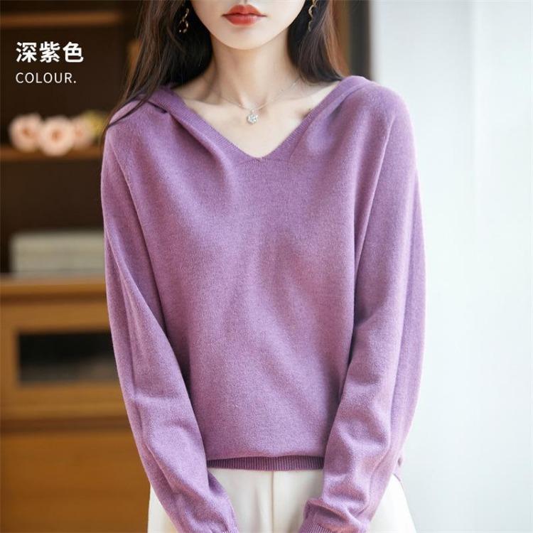 Warm V Neck Hooded Knitted Sweater for Women Autumn Winter Hoodie Sweater