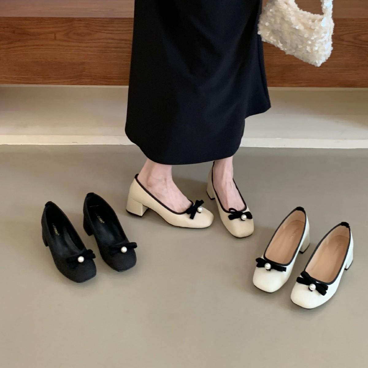 

2025 winter new round head thick heel shallow mouth bow versatile set of feet OL women s single shoes 39 абрикосовый