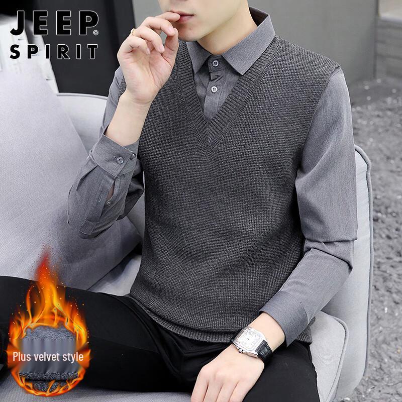 

JEEP SPIRIT Men s Fake Two-Piece Shirt Collar Knit Sweater 3XL