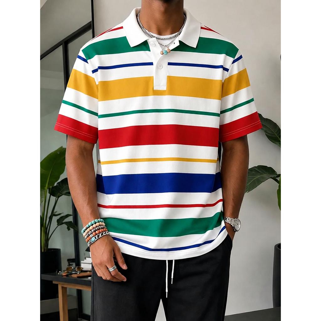 Casual Striped Short-sleeve Polo Shirt, Comfortable and Versatile for Daily Wear.