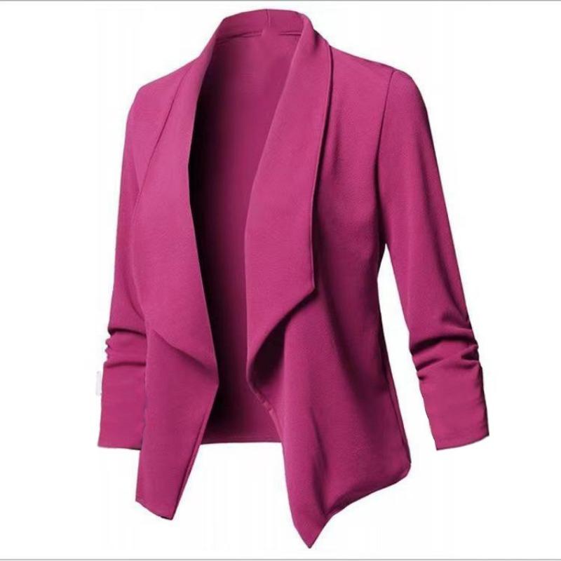 Women's Slim Fit Long Sleeve Solid Color Blazer Versatile Stretch Cuff Lapel Jacket For Office Wear, Elegant Career Open Front Coat For Commuting