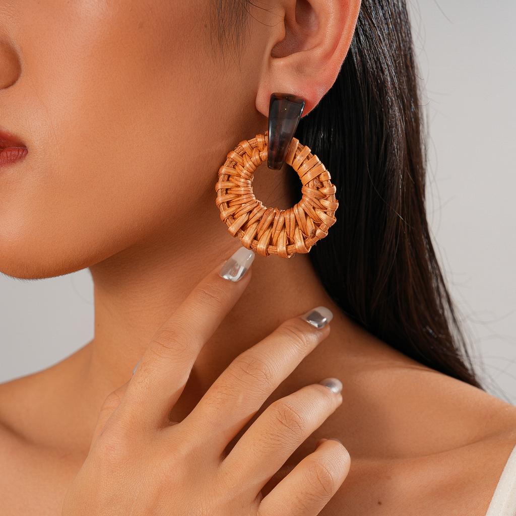 Six-piece Resin Wood Leather Round Silver Needle Earrings Bohemian Holiday Earrings