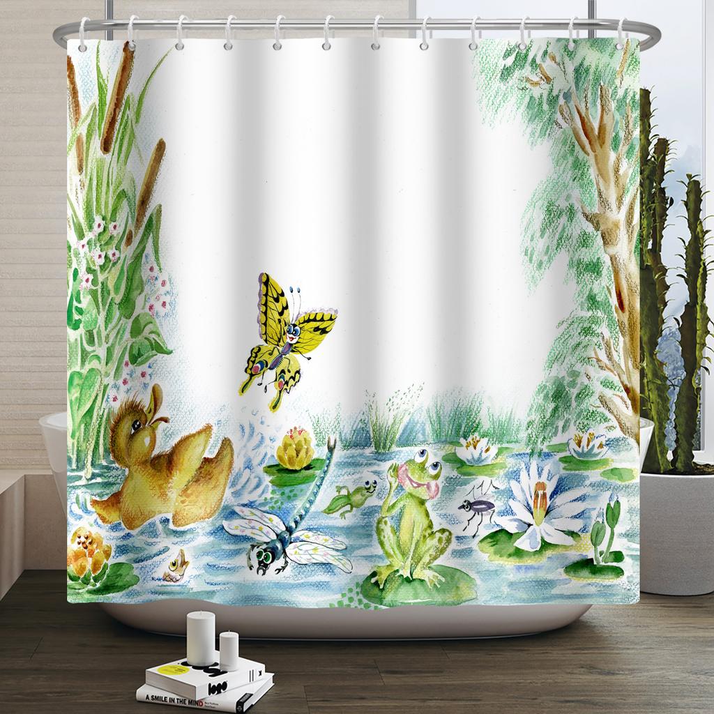 Funny Frog Shower Curtain for Bathroom Mushroom Butterfly Floral Green Plant Cartoon Animal Waterproof Polyester Shower Curtain