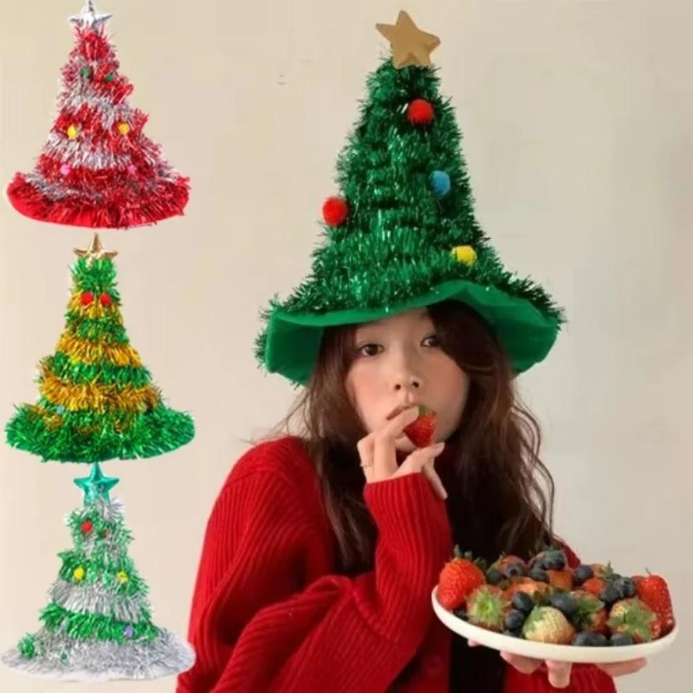 Shiny Tinsel Colorful Poms Christmas Tree Hat Role-Playing Costume Hat  Photo Props