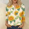 Women's Vintage Floral Print Henley Button Neck Shirt Three Quarter Sleeve Cotton Linen Blend Casual Top