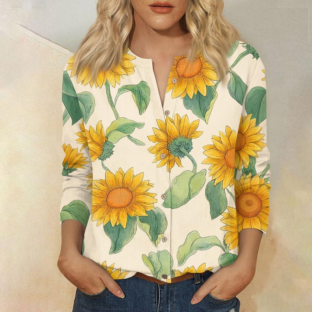 Women's Vintage Floral Print Henley Button Neck Shirt Three Quarter Sleeve Cotton Linen Blend Casual Top