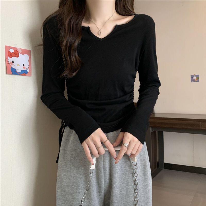 Women's Design Drawstring V-neck T-shirt Early Spring Autumn Short Style Covering the Belly Slimming Long Sleeves Trendy