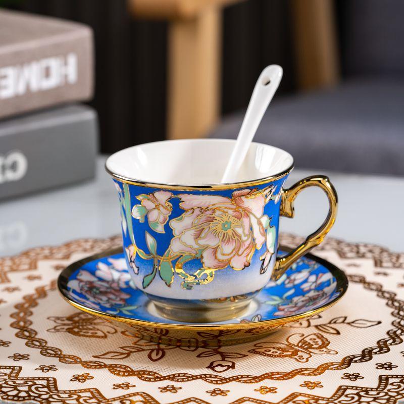 Luxurious 220ml Gold-Plated Porcelain Coffee Cup & Saucer Set with Spoon – Elegant Floral Design