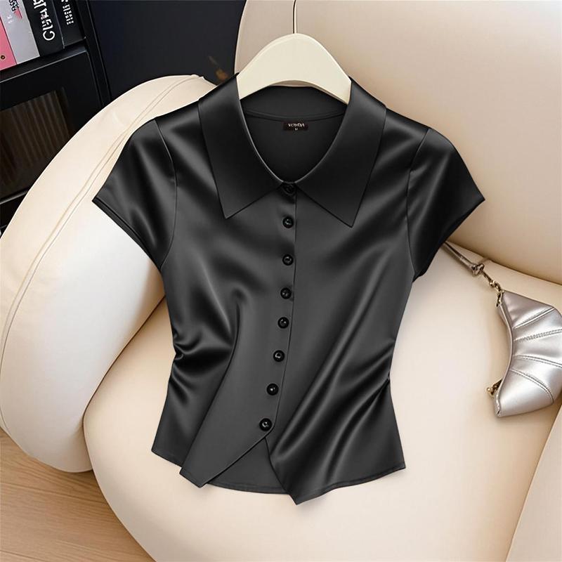 

VONDA Women Lapel Collar Short Sleeve Satin Slim Waist Casual Blouse S