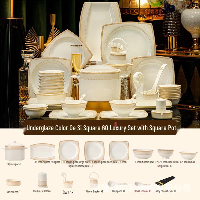 Jingdezhen High-Temperature Ceramic Bowl & Plate Set - Premium Underglaze Color, Chinese Light Luxury Gift with Chopsticks