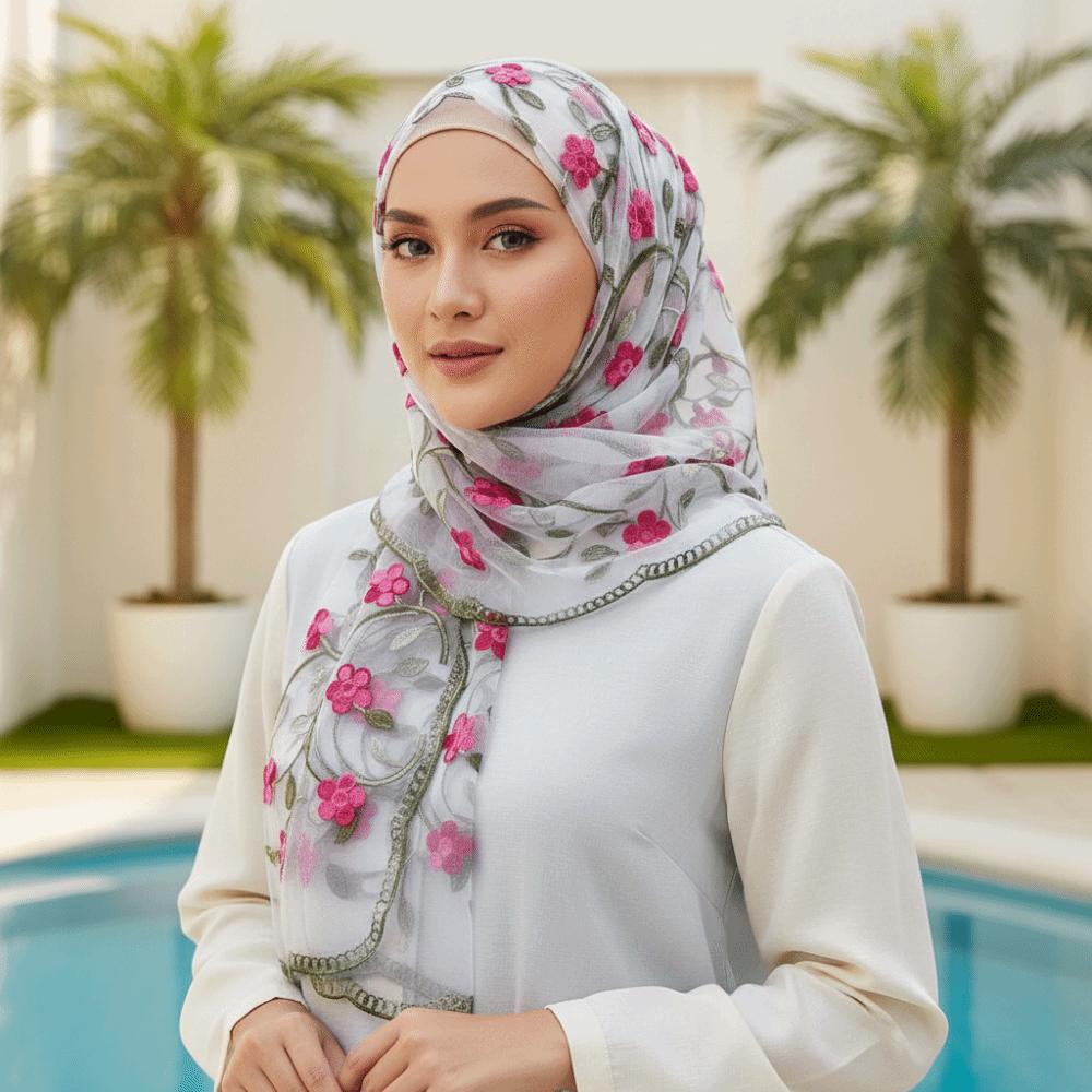 Lightweight Embroidered Floral Headwrap Breathable Long Lace Scarf Summer Hijab Travel Photoshoot